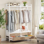 Freestanding White Oak Garment Rack Clothes Hanging Rod with 4 Storage Drawers