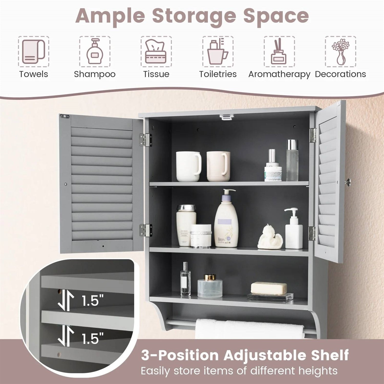 Grey Wall-Mounted Bathroom Medicine Cabinet with Louver Doors and Towel Bar