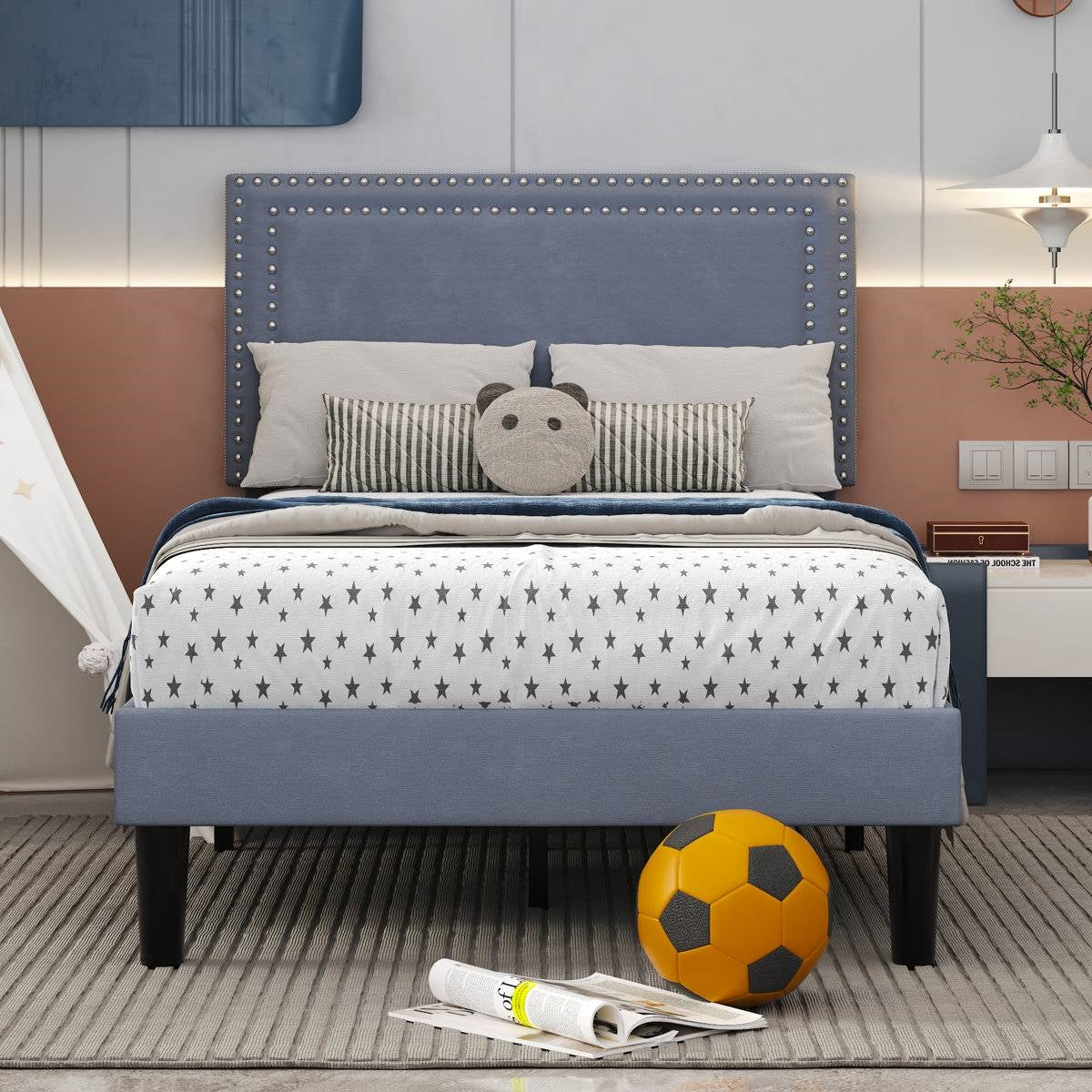 Set of 2 - Twin size Grey Upholstered Platform Bed Frame with Headboard