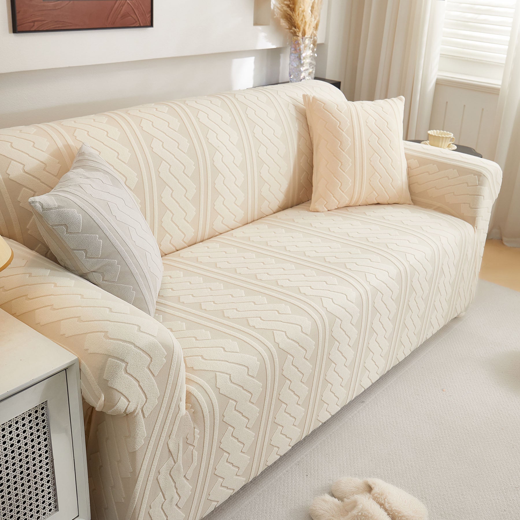 3D Embossed Geometric Couch Slipcover, Stretch Washable Non Slip Furniture Protector