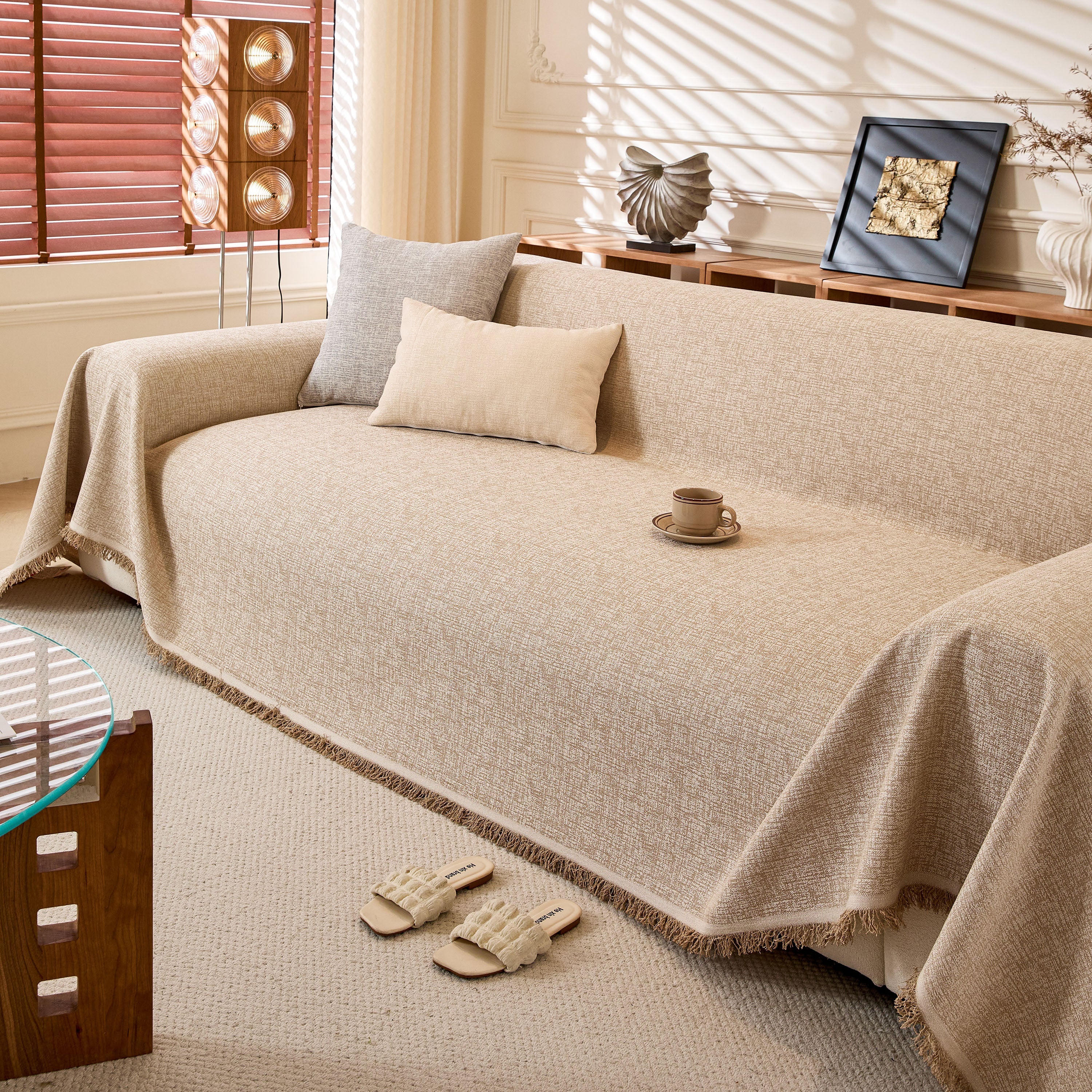 Linen-Look Textured Couch Throw Cover, Breathable Sofa Blanket & Furniture Protector