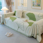 Cozy Couch Throw Blanket with Tassels, Jacquard Leaf Pattern Furniture Protector