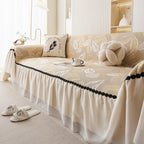 Leaf Jacquard Sofa Cover with Ruffle Skirt – Non-Slip Couch Protector with Sheer Hem