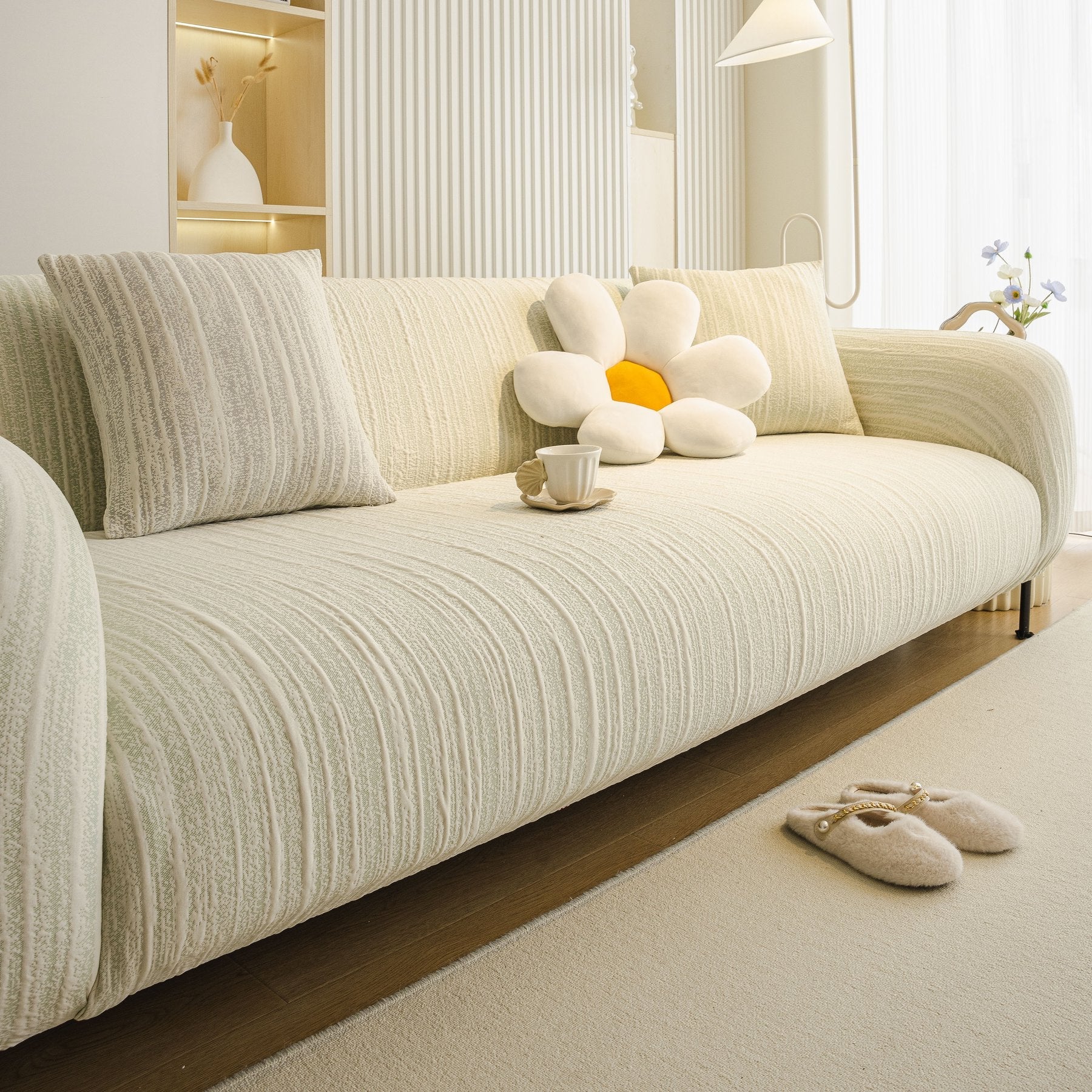 Ribbed Washable Sofa Cover, High Stretch Striped Couch Slipcover with Tie Straps
