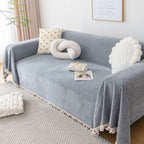 Boho Herringbone Sofa Throw Blanket with Pom Pom Tassels Stylish Furniture Slipcover