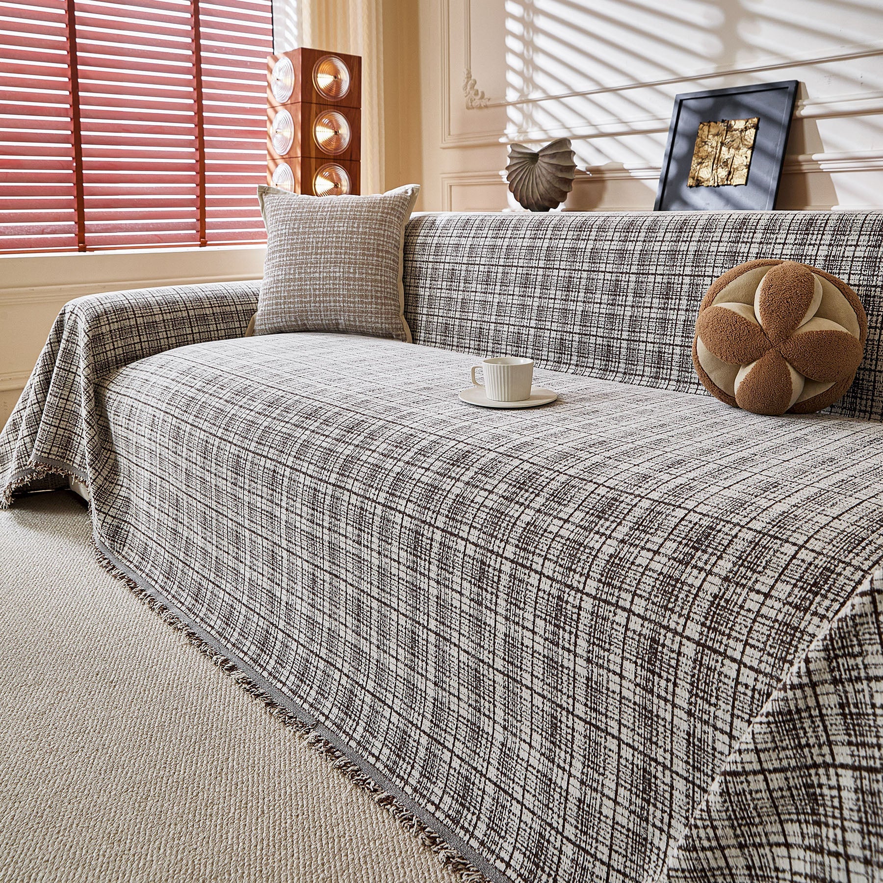Textured Plaid Couch Throw Cover, Modern Decorative Sectional Furniture Covers