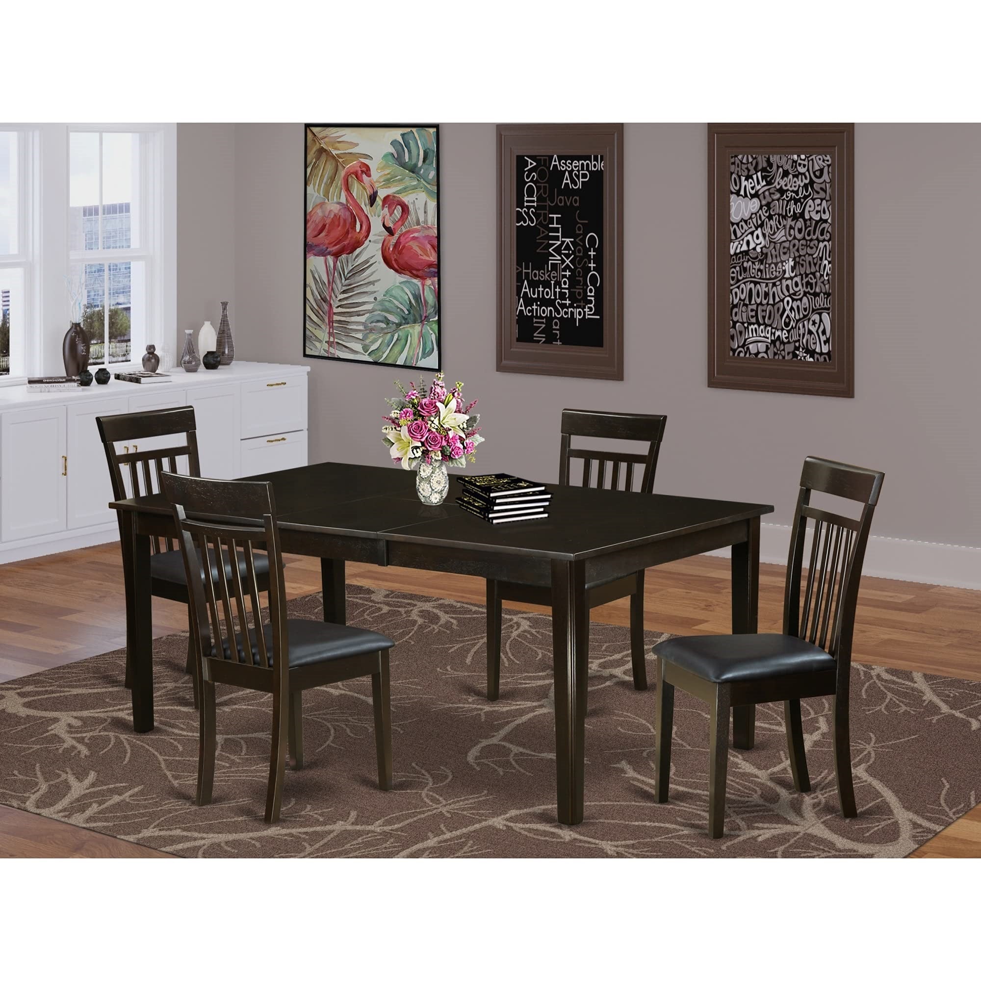 East West Furniture HLaV5-LWH-W 5-Piece Dining Set - a Round Dining Table - 4 Kitchen Chairs with Solid Wood Seat & Slatted Back - Linen White Finish