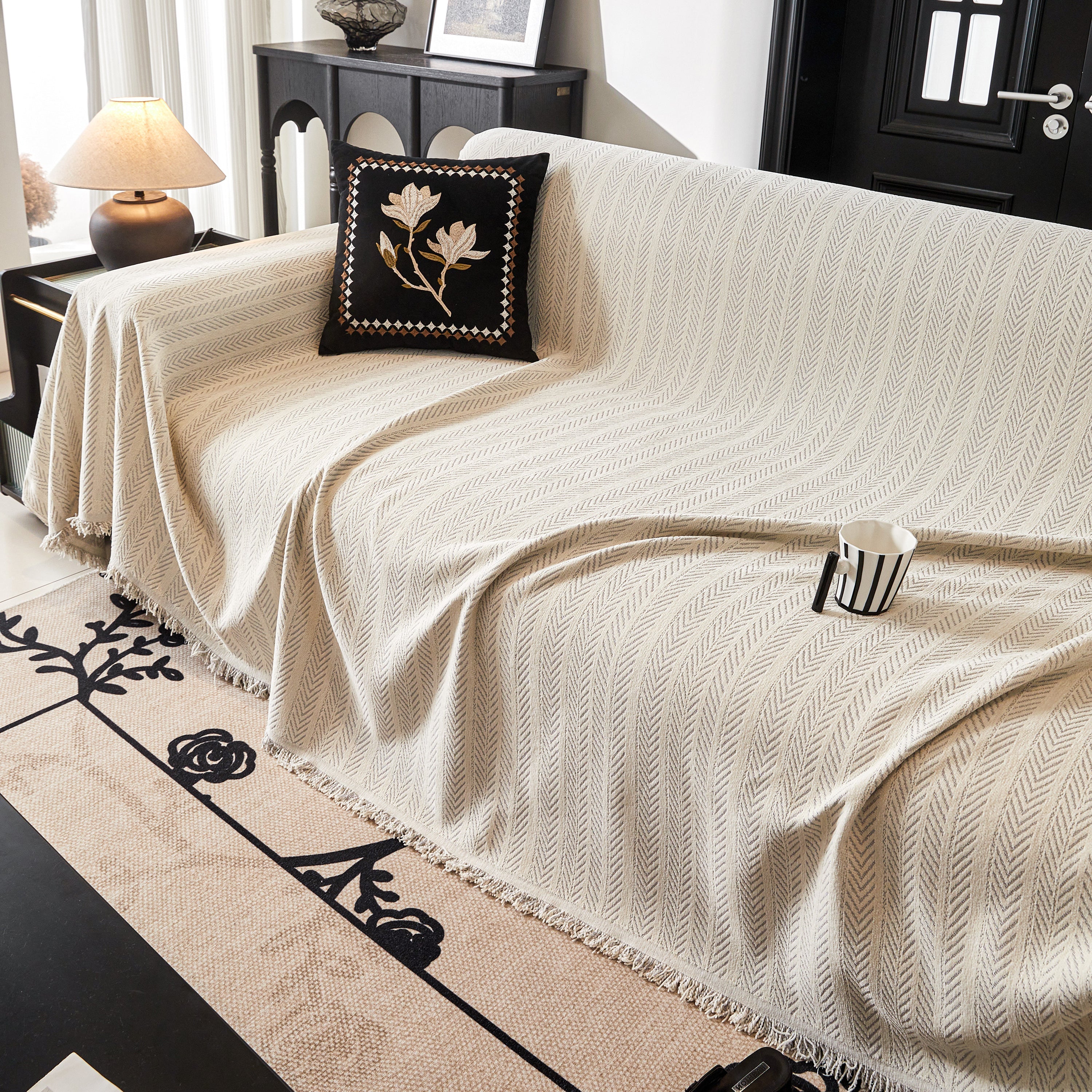 Herringbone Chenille Couch Cover Blanket Soft Durable Throw Sofa Protector with Tassel