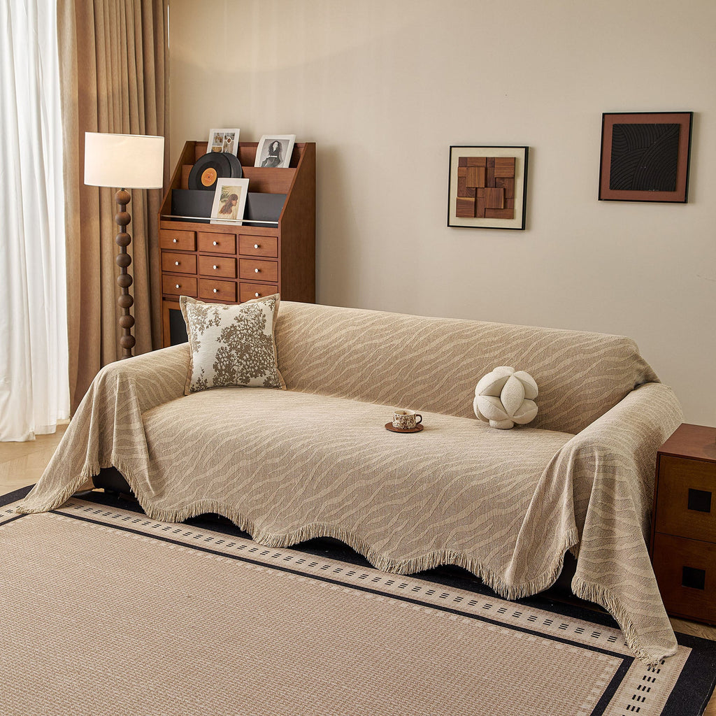 Wavy Wave Pattern Woven Couch Cover with Fringe Tassel, Soft Furniture Cover Protector