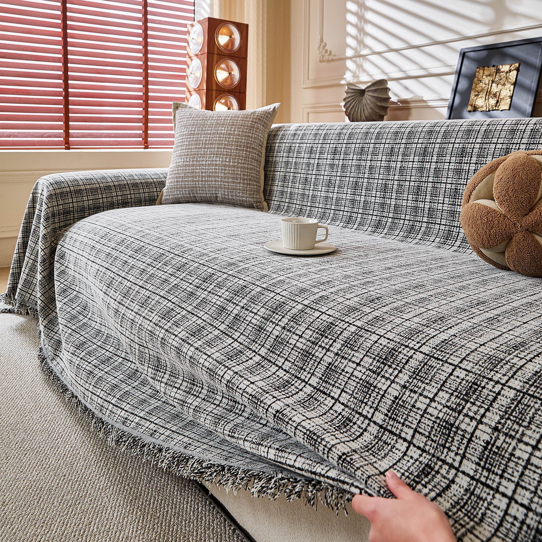 Textured Plaid Couch Throw Cover, Modern Decorative Sectional Furniture Covers