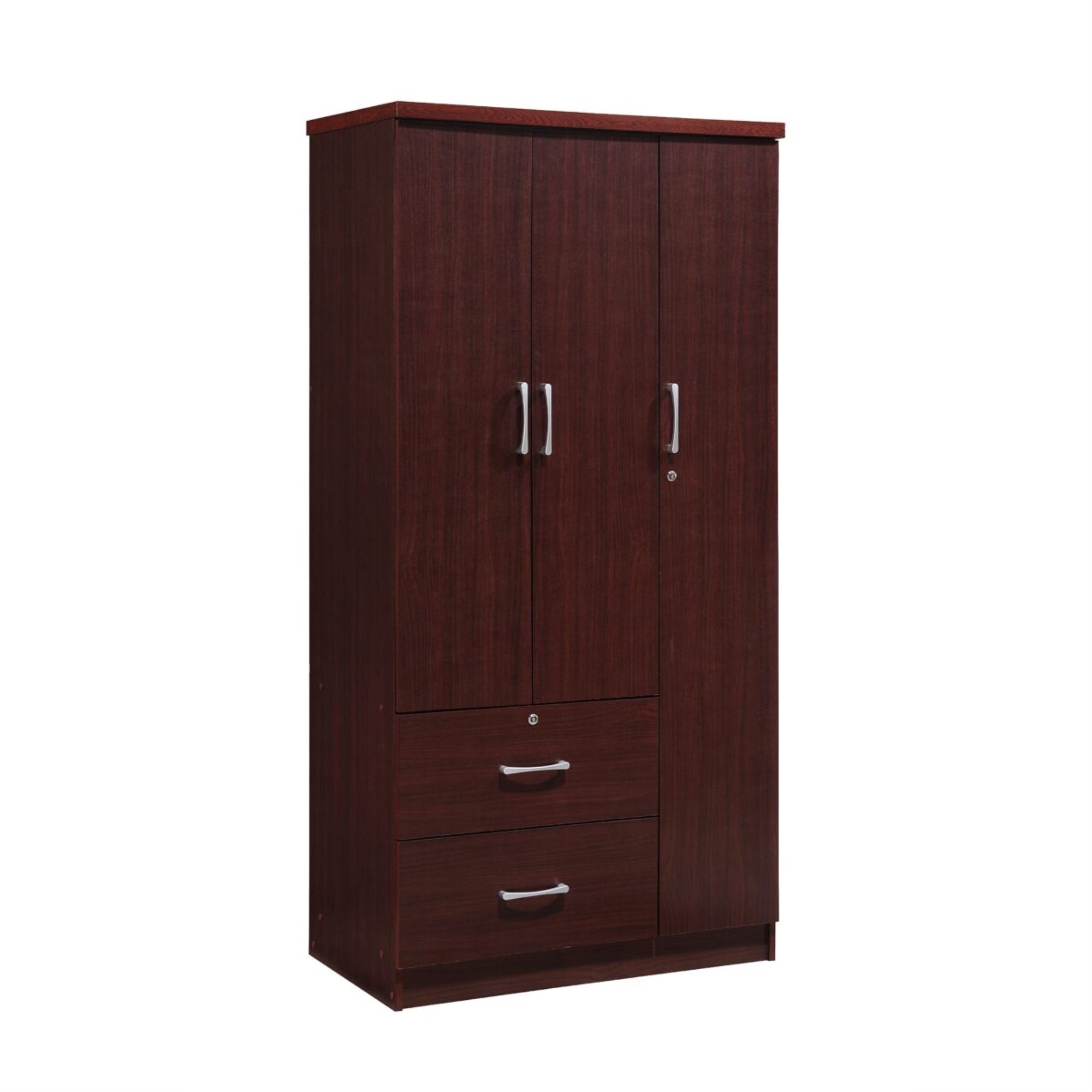 Hodedah 3-Door Armoire with 2-Drawers, 3-Shelves in Mahogany