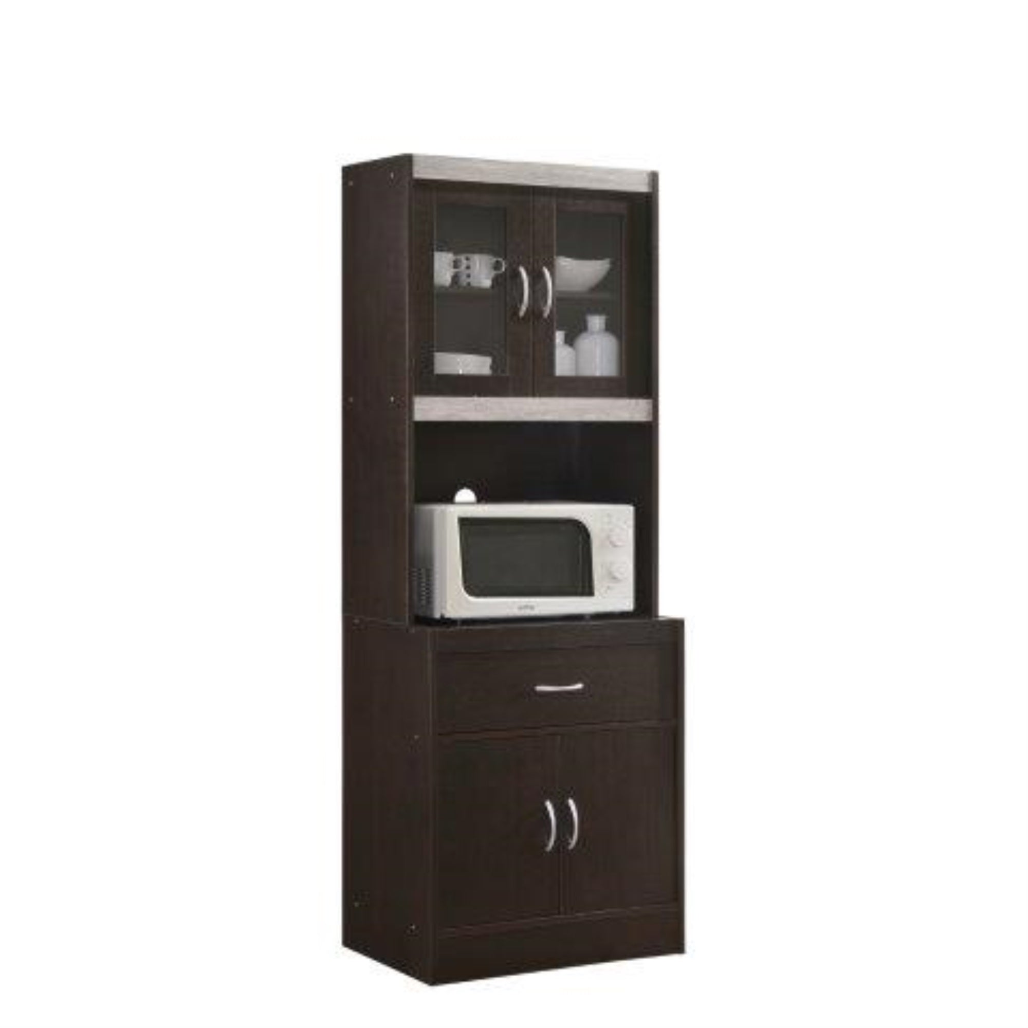 Hodedah Kitchen Cabinet with 1-Drawer, plus Space for Microwave in Chocolate-Grey