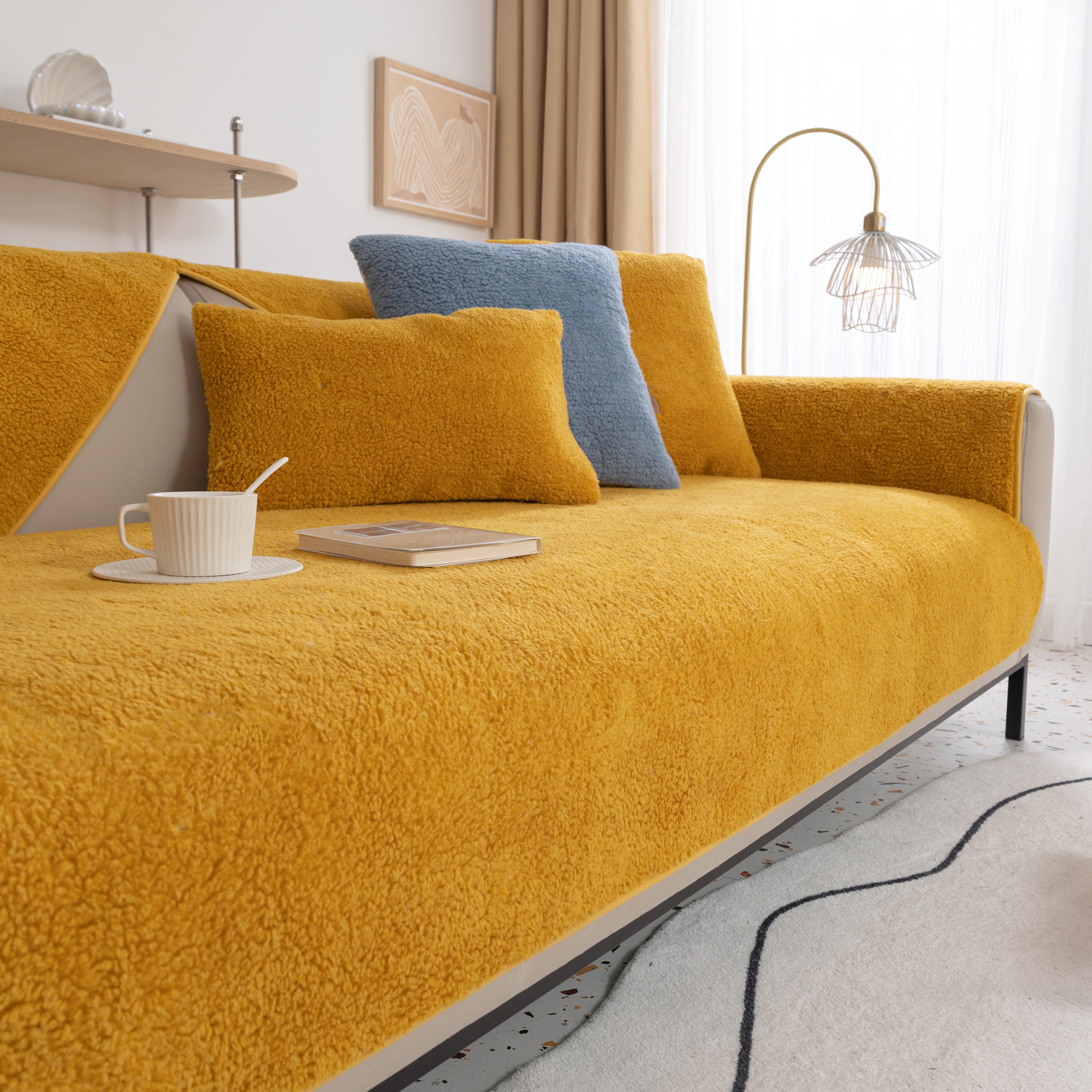 Luxury Sherpa Fleece Solid Sofa Cover, Thickened Plush Non Slip Couch Topper