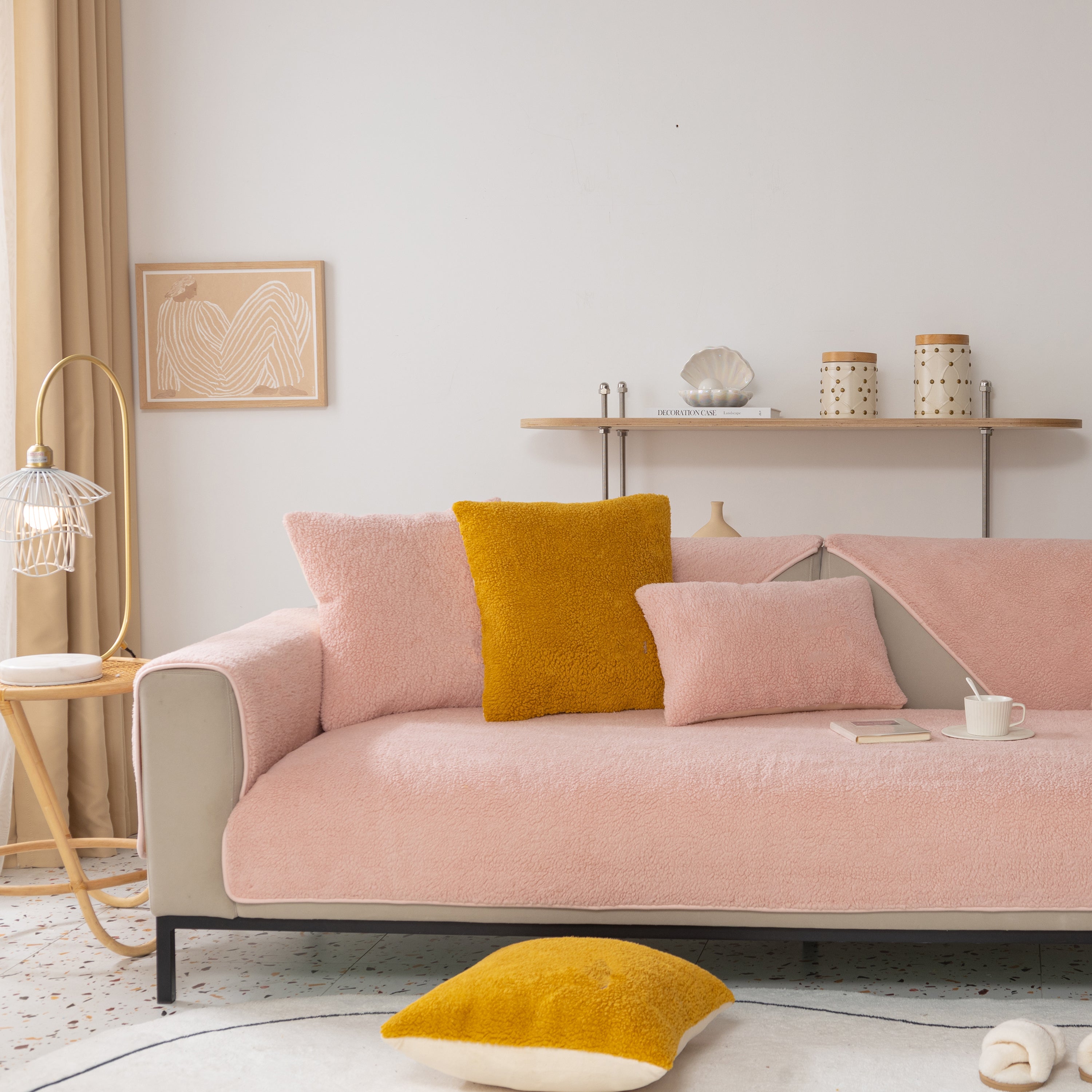 Luxury Sherpa Fleece Solid Sofa Cover, Thickened Plush Non Slip Couch Topper