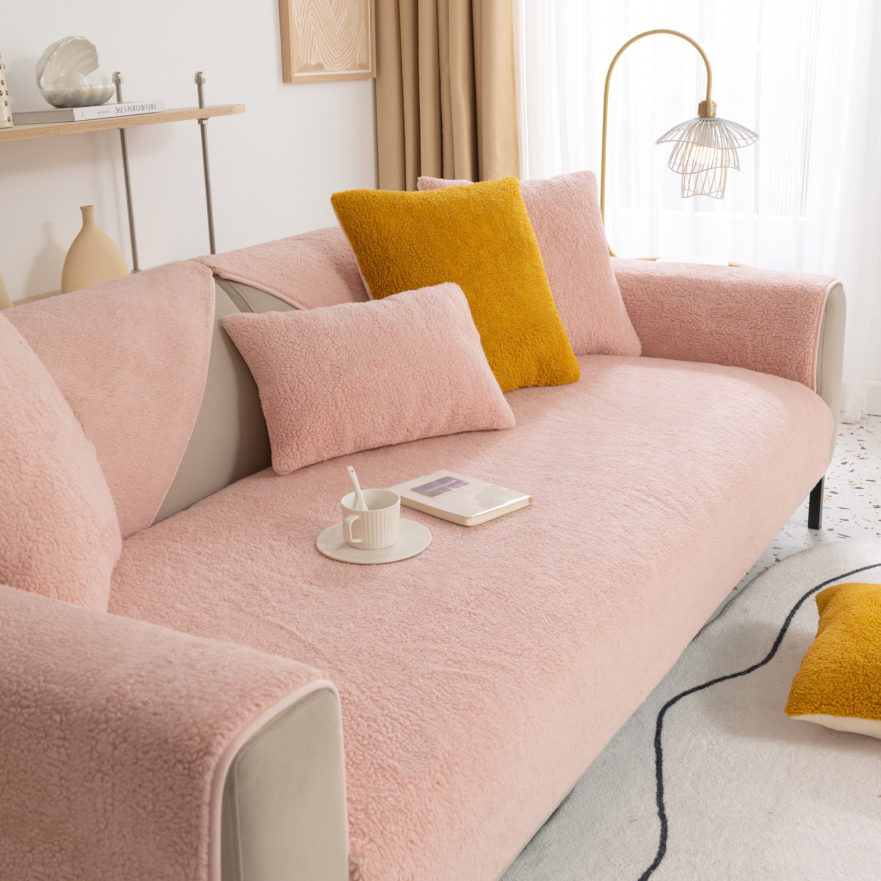 Luxury Sherpa Fleece Solid Sofa Cover, Thickened Plush Non Slip Couch Topper
