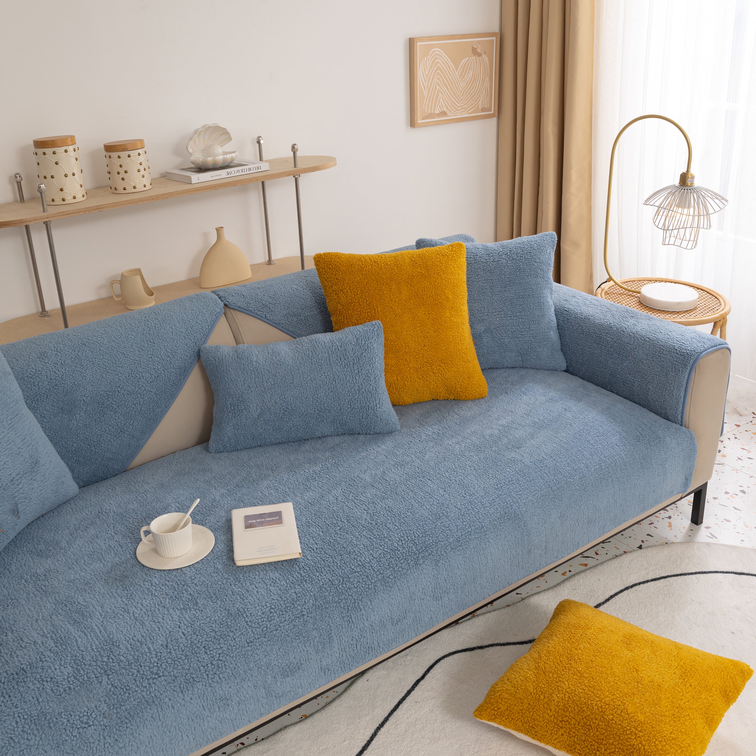 Luxury Sherpa Fleece Solid Sofa Cover, Thickened Plush Non Slip Couch Topper