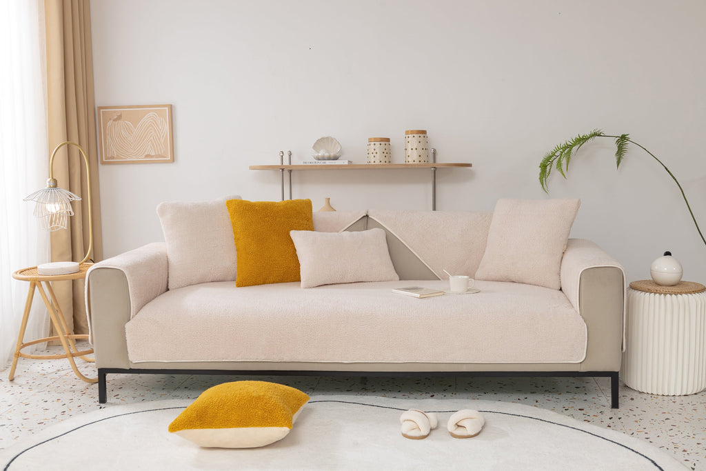 Luxury Sherpa Fleece Solid Sofa Cover, Thickened Plush Non Slip Couch Topper