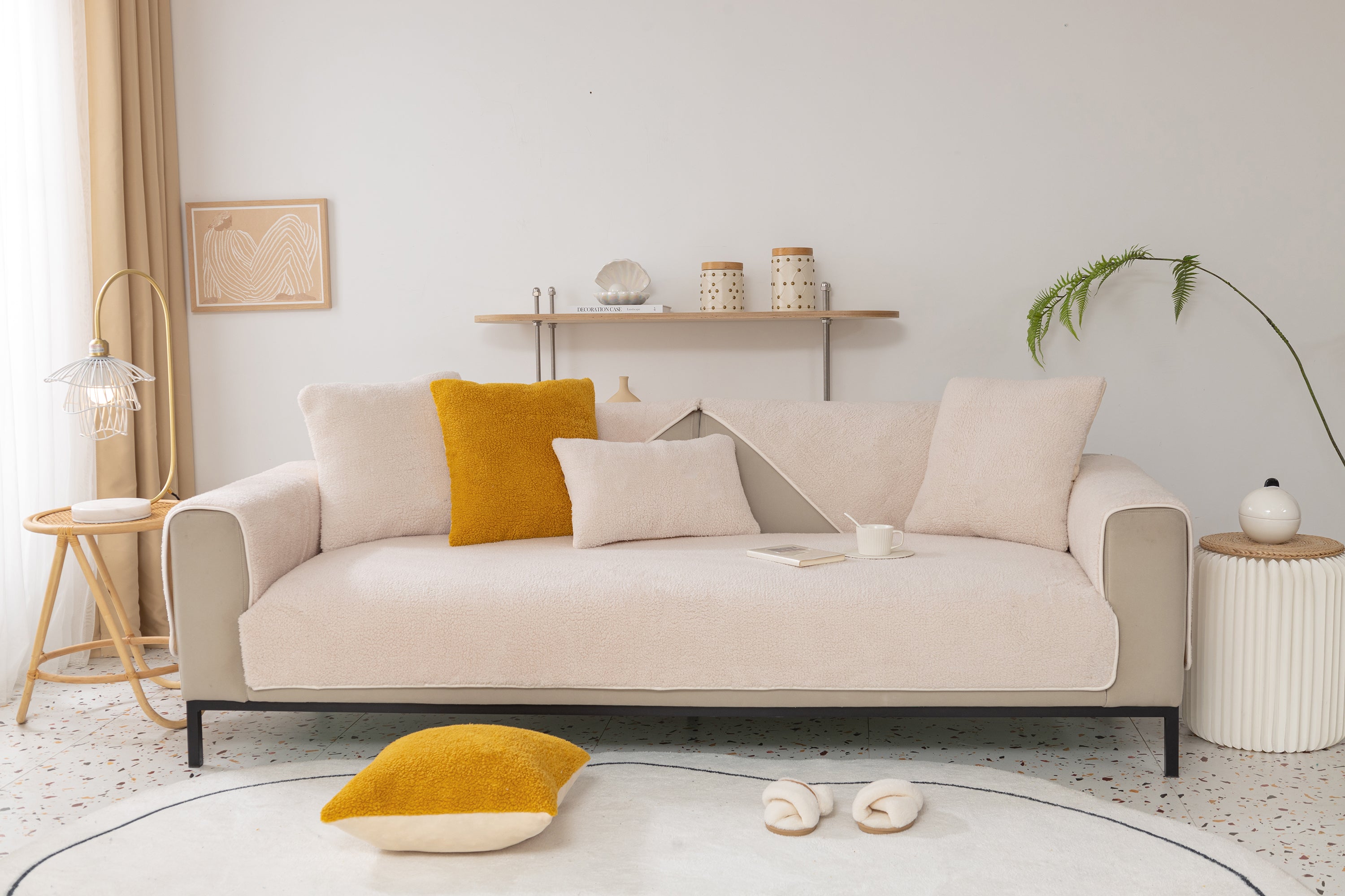 Luxury Sherpa Fleece Solid Sofa Cover, Thickened Plush Non Slip Couch Topper