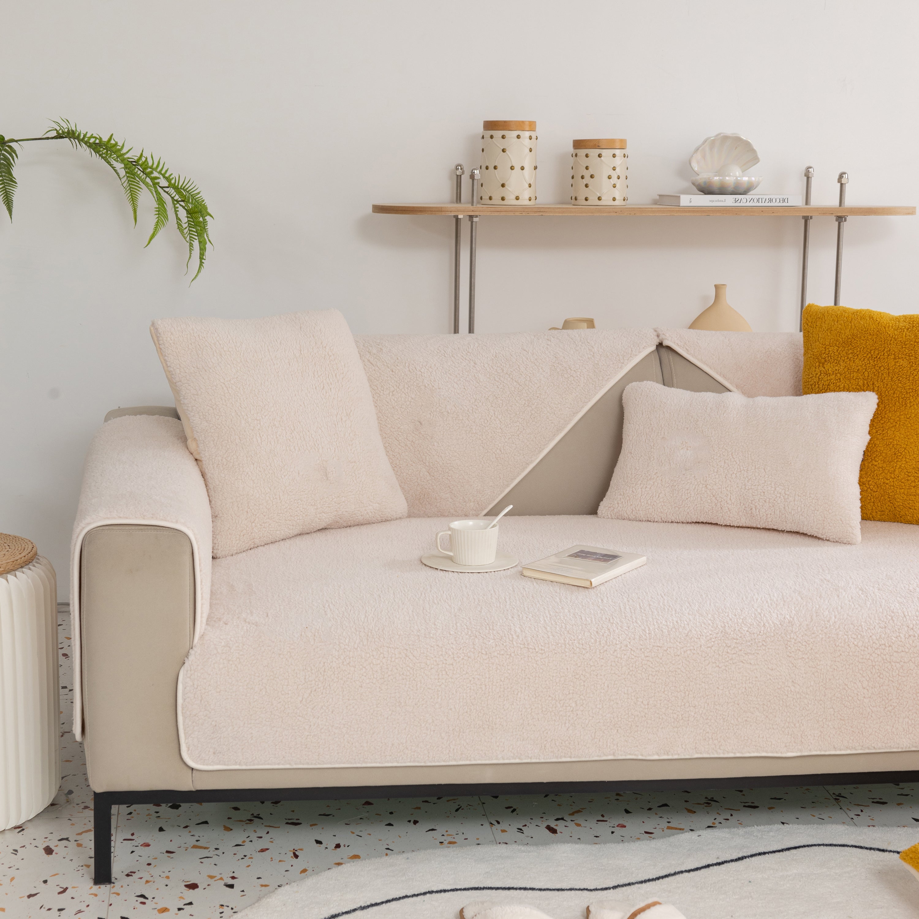 Luxury Sherpa Fleece Solid Sofa Cover, Thickened Plush Non Slip Couch Topper