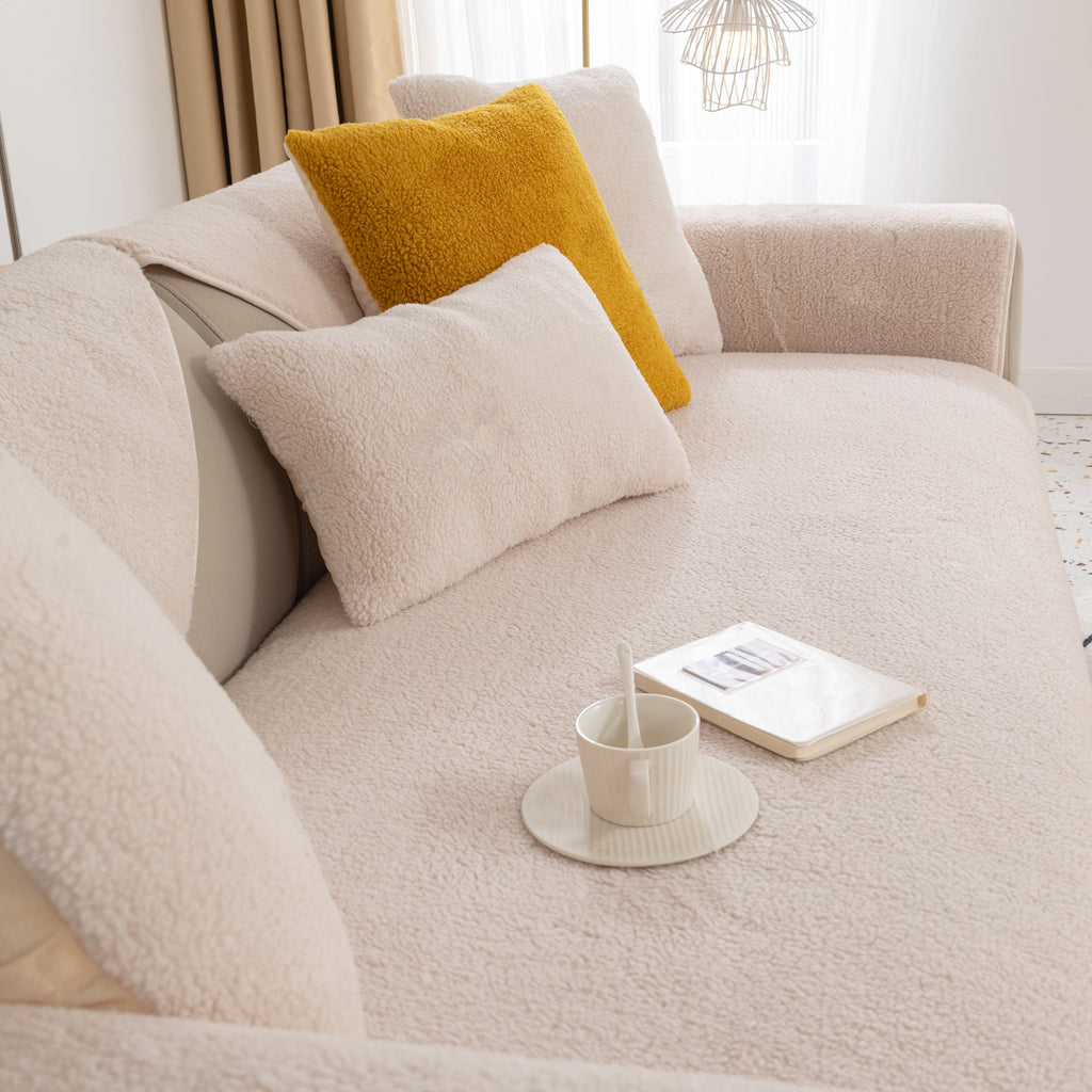 Luxury Sherpa Fleece Solid Sofa Cover, Thickened Plush Non Slip Couch Topper