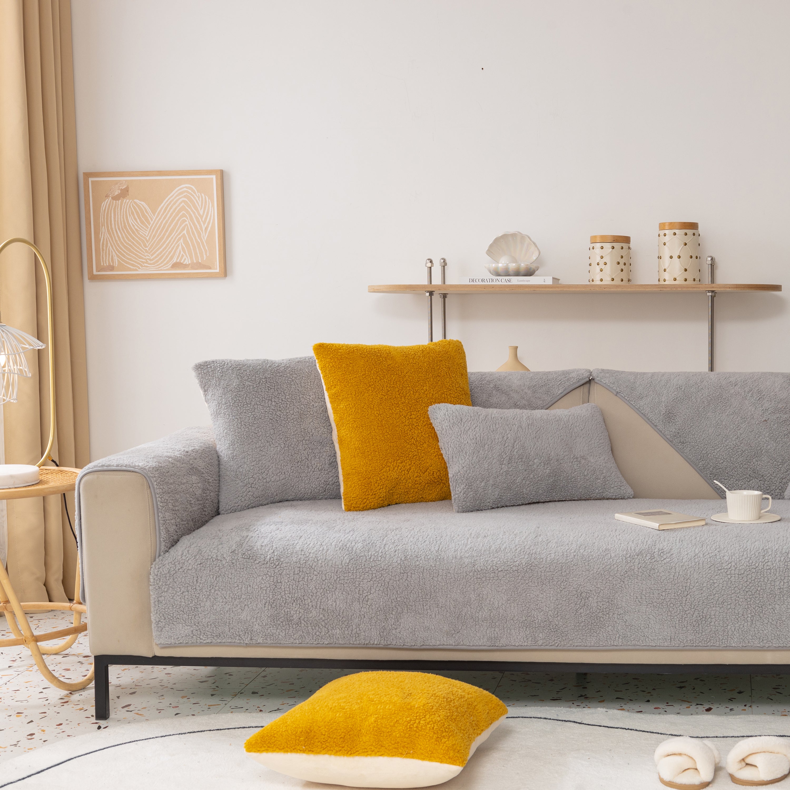 Luxury Sherpa Fleece Solid Sofa Cover, Thickened Plush Non Slip Couch Topper