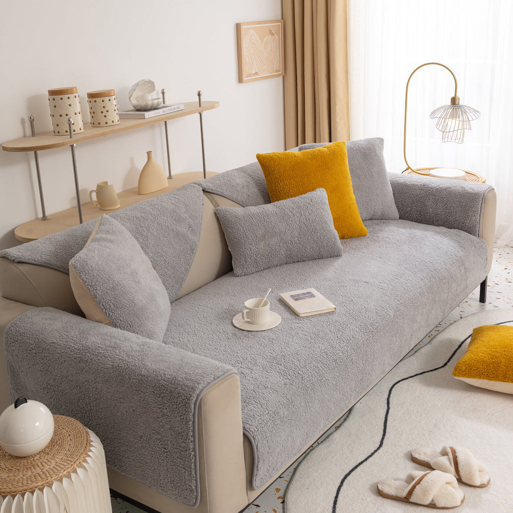 Luxury Sherpa Fleece Solid Sofa Cover, Thickened Plush Non Slip Couch Topper