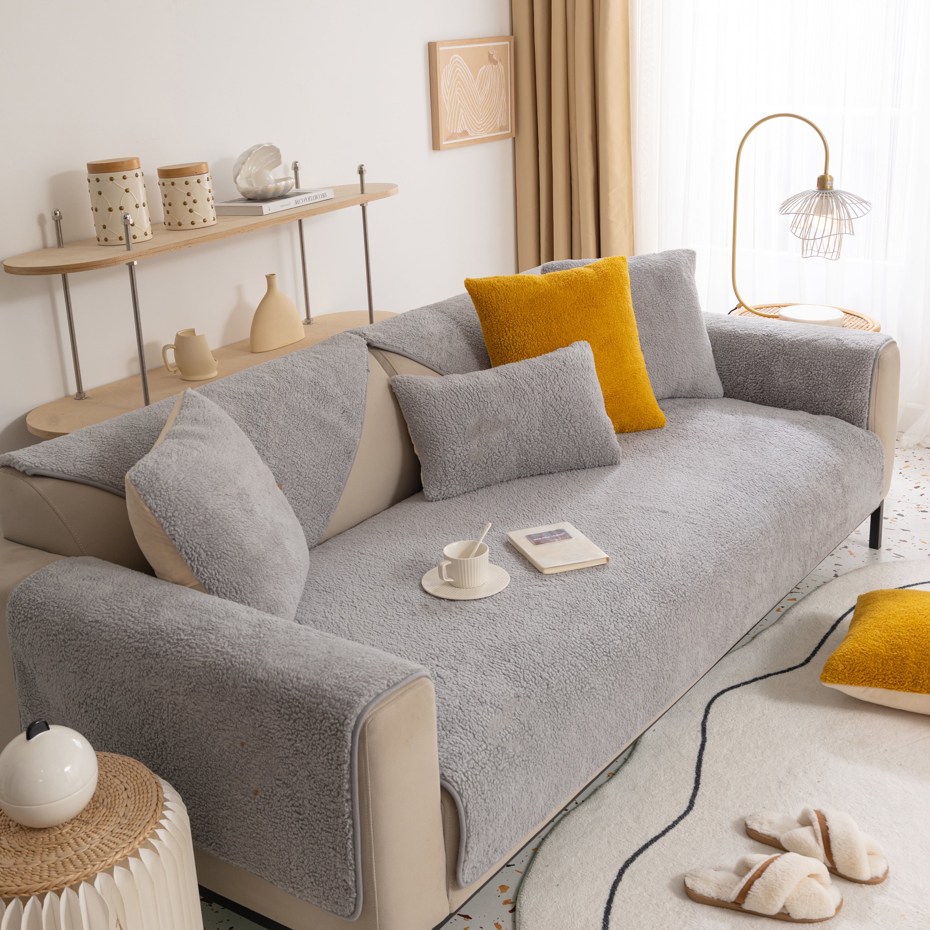 Luxury Sherpa Fleece Solid Sofa Cover, Thickened Plush Non Slip Couch Topper
