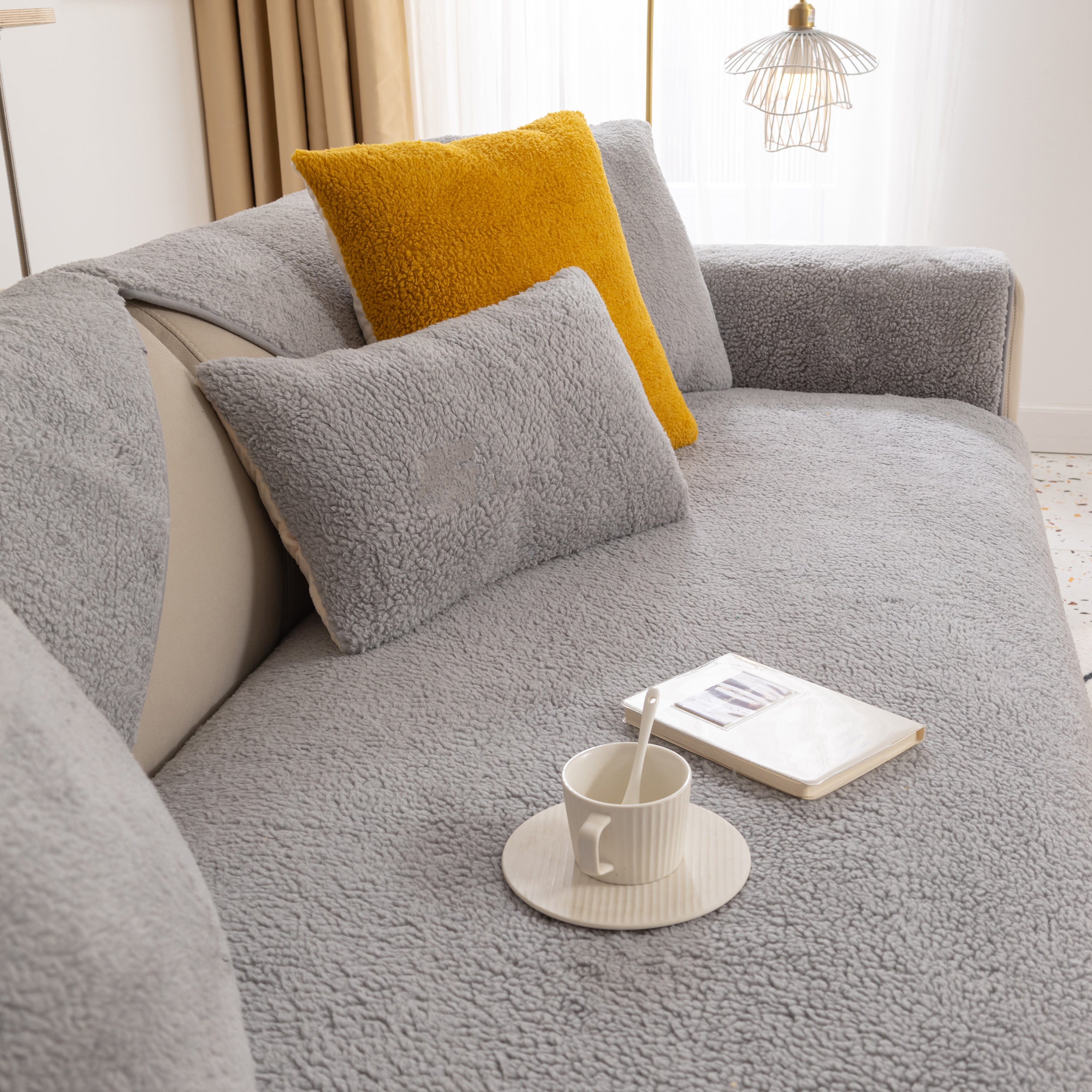 Luxury Sherpa Fleece Solid Sofa Cover, Thickened Plush Non Slip Couch Topper