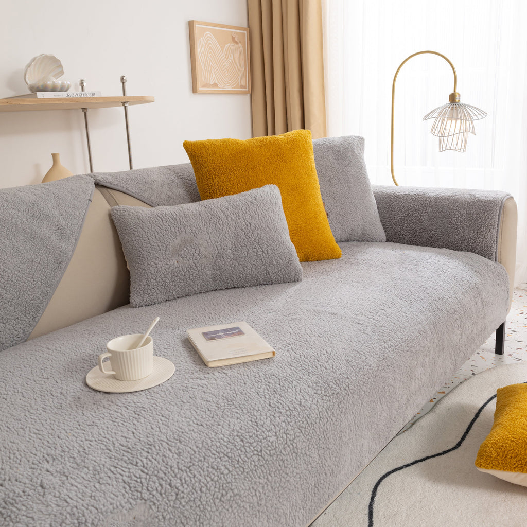 Luxury Sherpa Fleece Solid Sofa Cover, Thickened Plush Non Slip Couch Topper