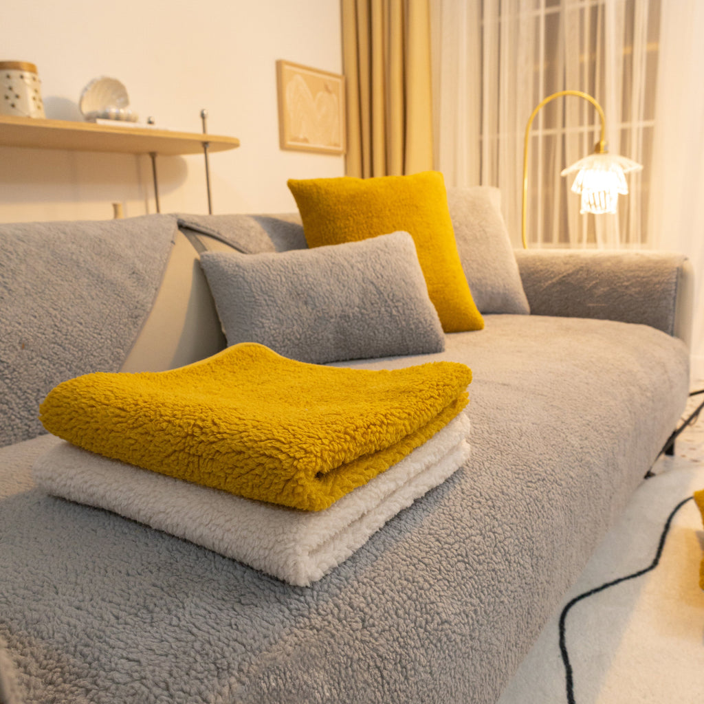 Luxury Sherpa Fleece Solid Sofa Cover, Thickened Plush Non Slip Couch Topper