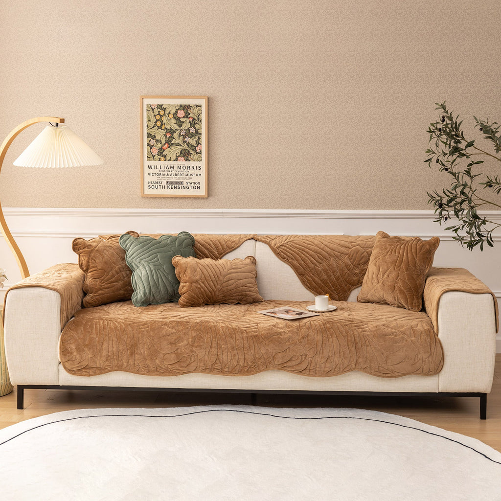 Soft Velvet Plush Non-Slip Sofa Cover Quilted Palm Leaves Sofa Seat Pad for Kids and Pets