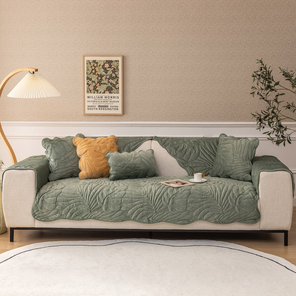 Soft Velvet Plush Non-Slip Sofa Cover Quilted Palm Leaves Sofa Seat Pad for Kids and Pets