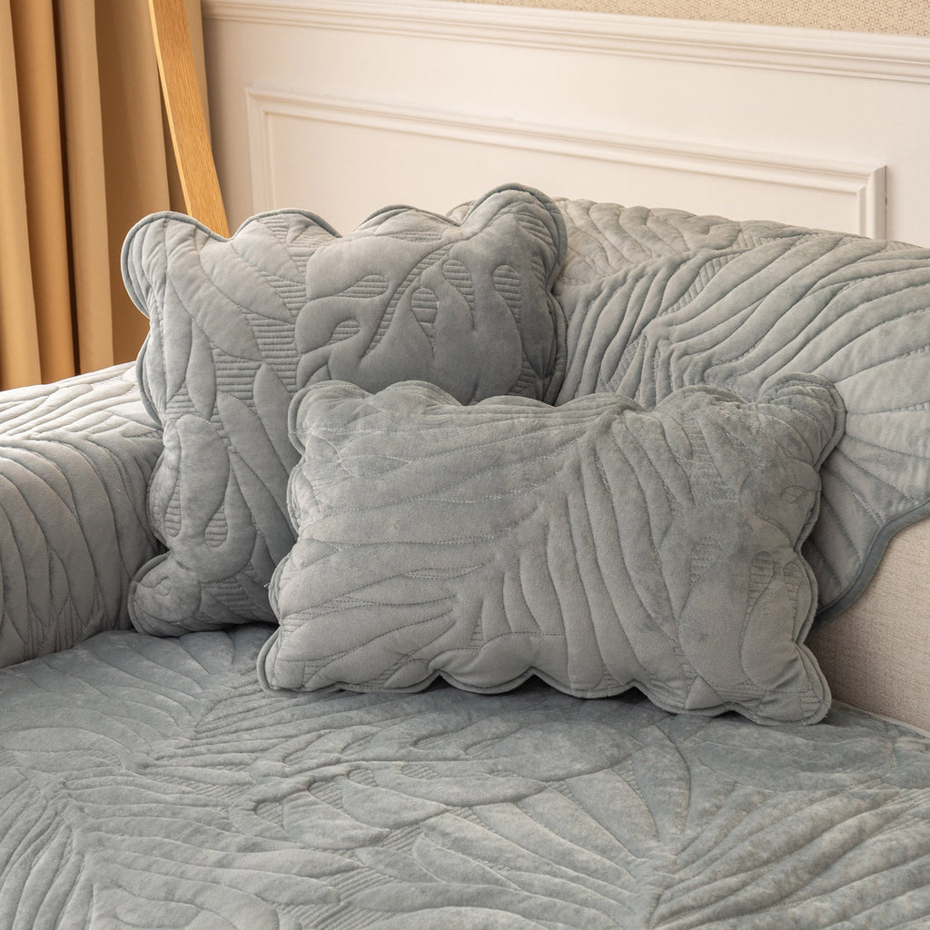 Soft Velvet Plush Non-Slip Sofa Cover Quilted Palm Leaves Sofa Seat Pad for Kids and Pets