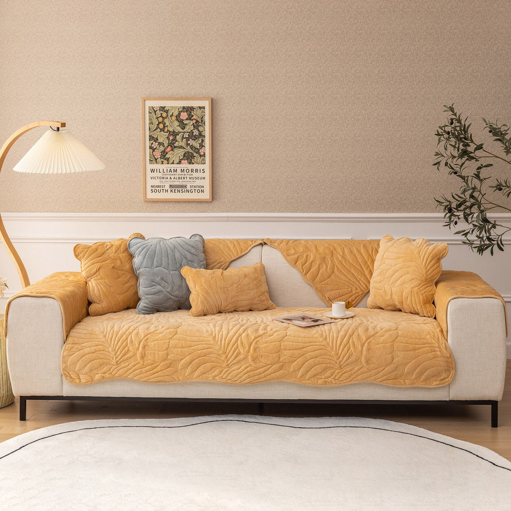Soft Velvet Plush Non-Slip Sofa Cover Quilted Palm Leaves Sofa Seat Pad for Kids and Pets
