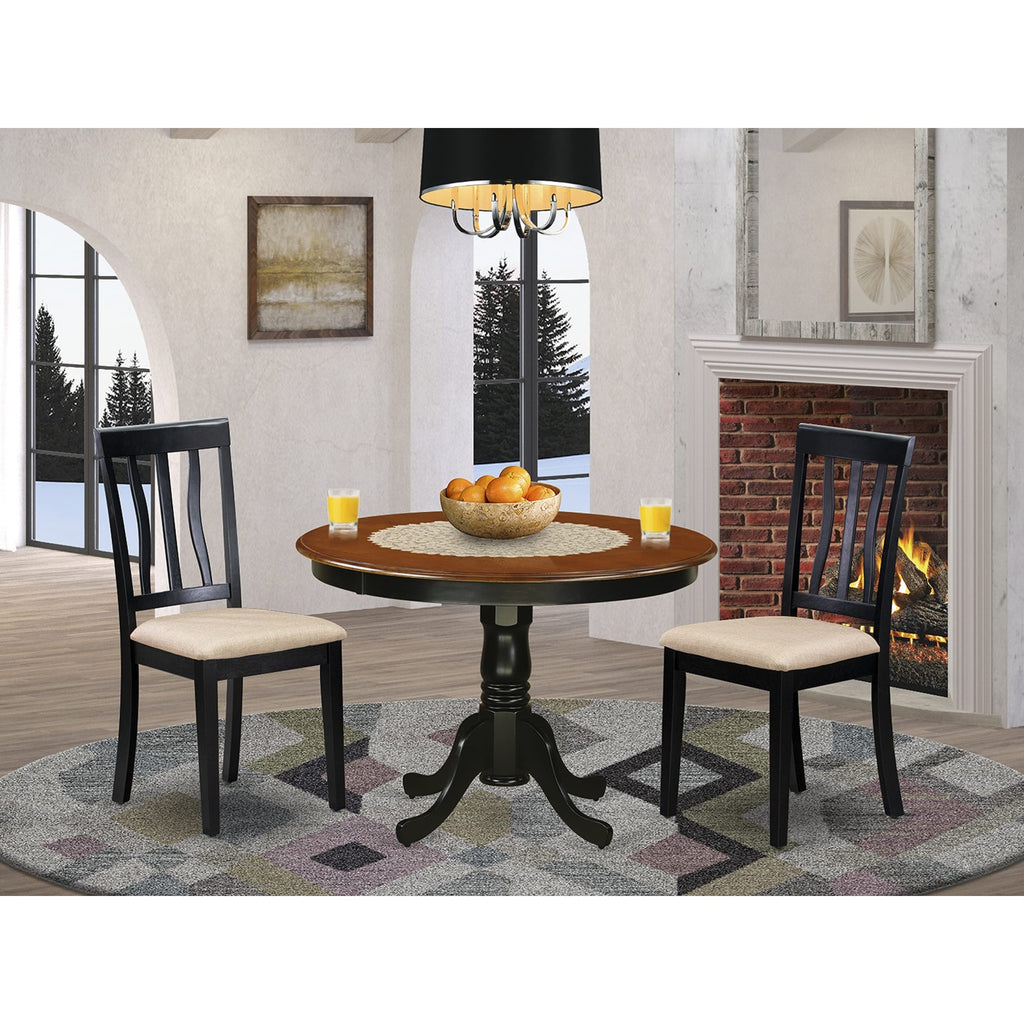 East West Furniture HLAN3-BCH-C 3 Piece Modern Dining Table Set Contains a Round Wooden Table with Pedestal and 2 Linen Fabric Kitchen Dining Chairs, 42x42 Inch, Black & Cherry