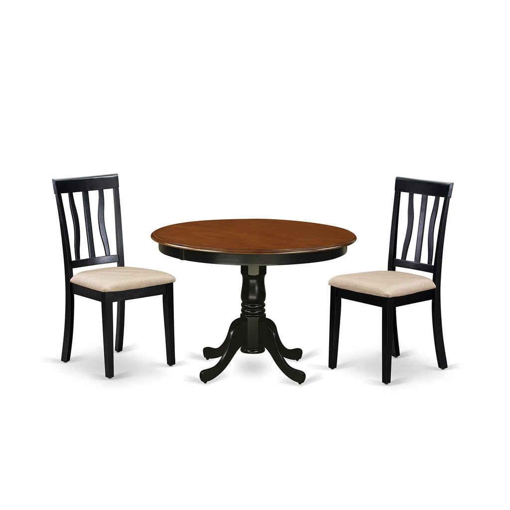 East West Furniture HLAN3-BCH-C 3 Piece Modern Dining Table Set Contains a Round Wooden Table with Pedestal and 2 Linen Fabric Kitchen Dining Chairs, 42x42 Inch, Black & Cherry