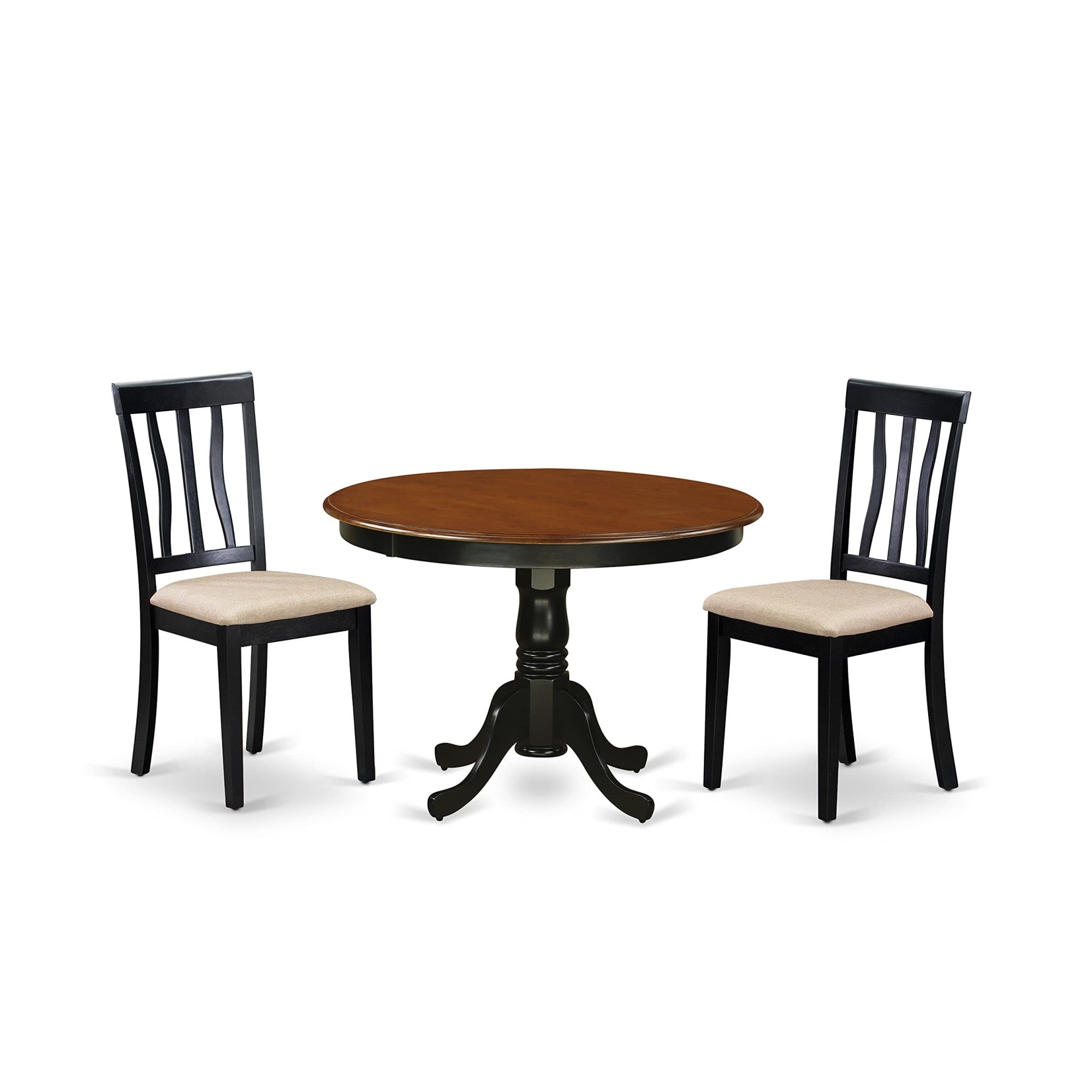 East West Furniture HLAN3-BCH-C 3 Piece Modern Dining Table Set Contains a Round Wooden Table with Pedestal and 2 Linen Fabric Kitchen Dining Chairs, 42x42 Inch, Black & Cherry