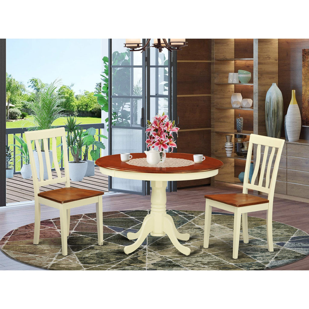 East West Furniture HLAN3-BMK-W 3 Piece Kitchen Table & Chairs Set Contains a Round Dining Room Table with Pedestal and 2 Dining Chairs, 42x42 Inch, Buttermilk & Cherry