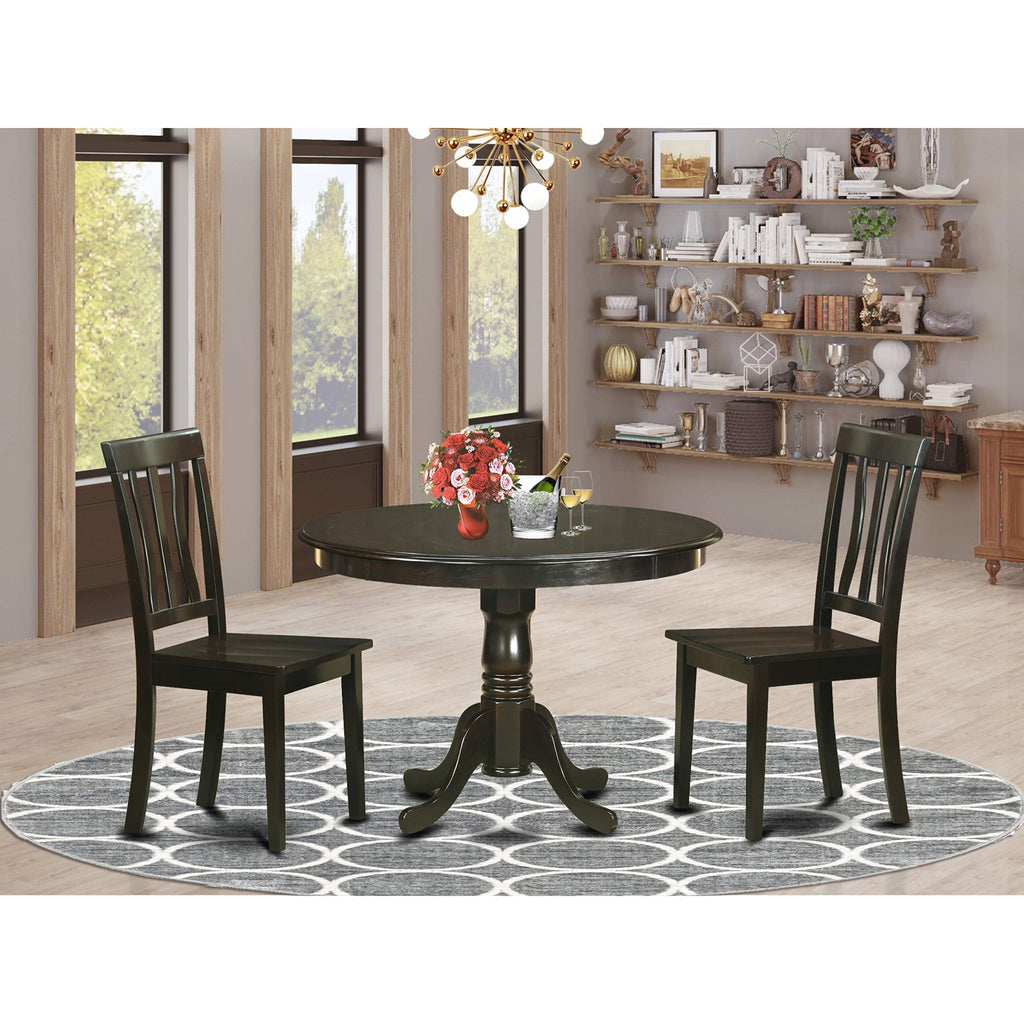 East West Furniture HLAN3-CAP-W 3 Piece Dining Room Furniture Set Contains a Round Kitchen Table with Pedestal and 2 Dining Chairs, 42x42 Inch, Cappuccino