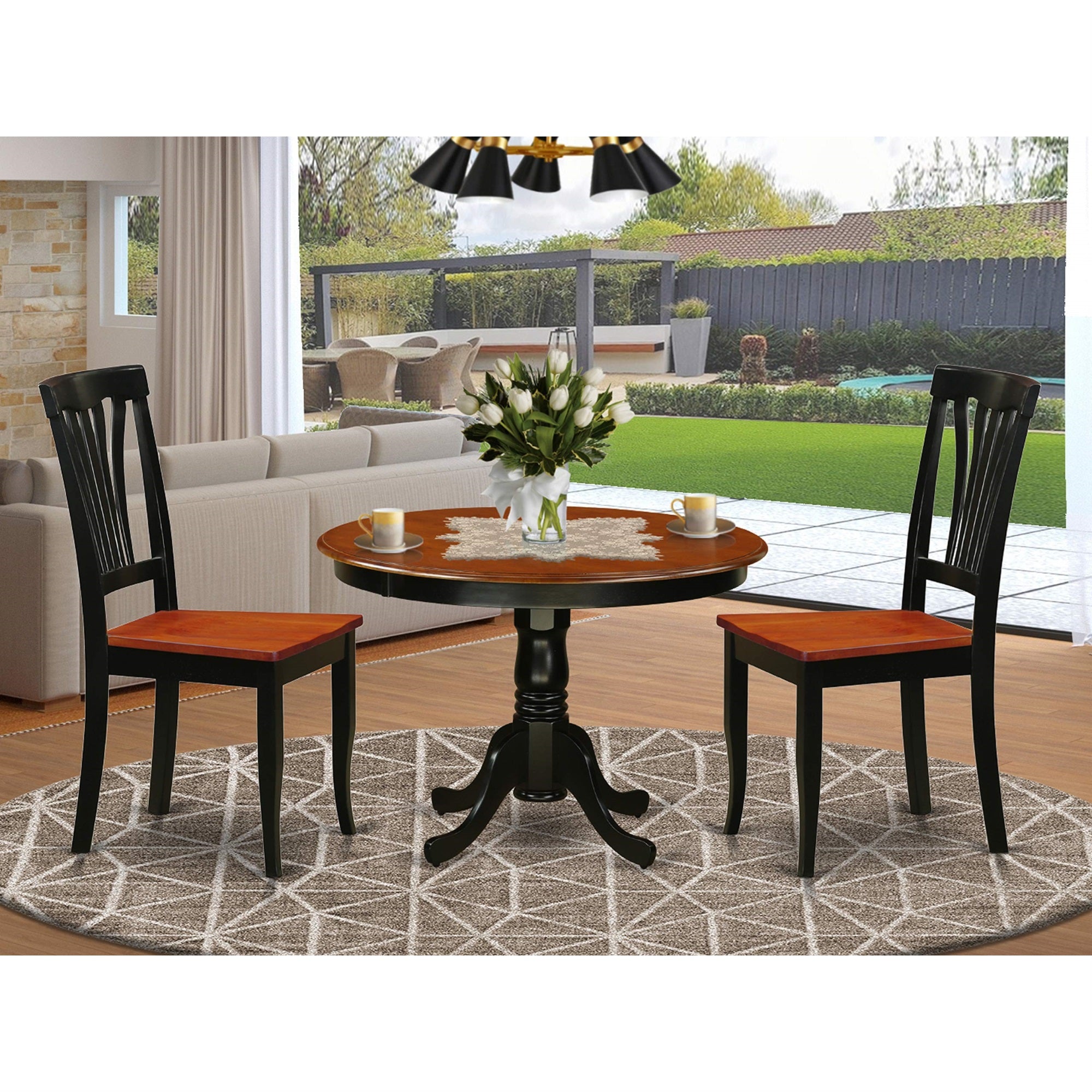 East West Furniture HLAV3-BCH-W 3 Piece Kitchen Table & Chairs Set Contains a Round Dining Table with Pedestal and 2 Dining Room Chairs, 42x42 Inch, Black & Cherry