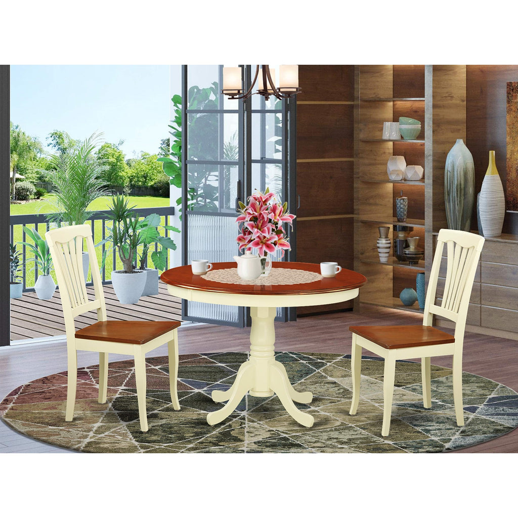 East West Furniture HLAV3-BMK-W 3 Piece Modern Dining Table Set Contains a Round Wooden Table with Pedestal and 2 Kitchen Dining Chairs, 42x42 Inch, Buttermilk & Cherry