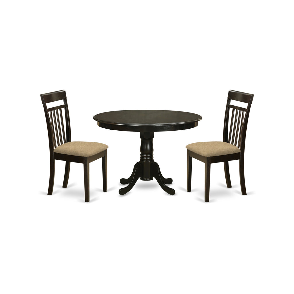 East West Furniture HLCA3-CAP-C 3 Piece Modern Dining Table Set Contains a Round Wooden Table with Pedestal and 2 Linen Fabric Upholstered Dining Chairs, 42x42 Inch, Cappuccino