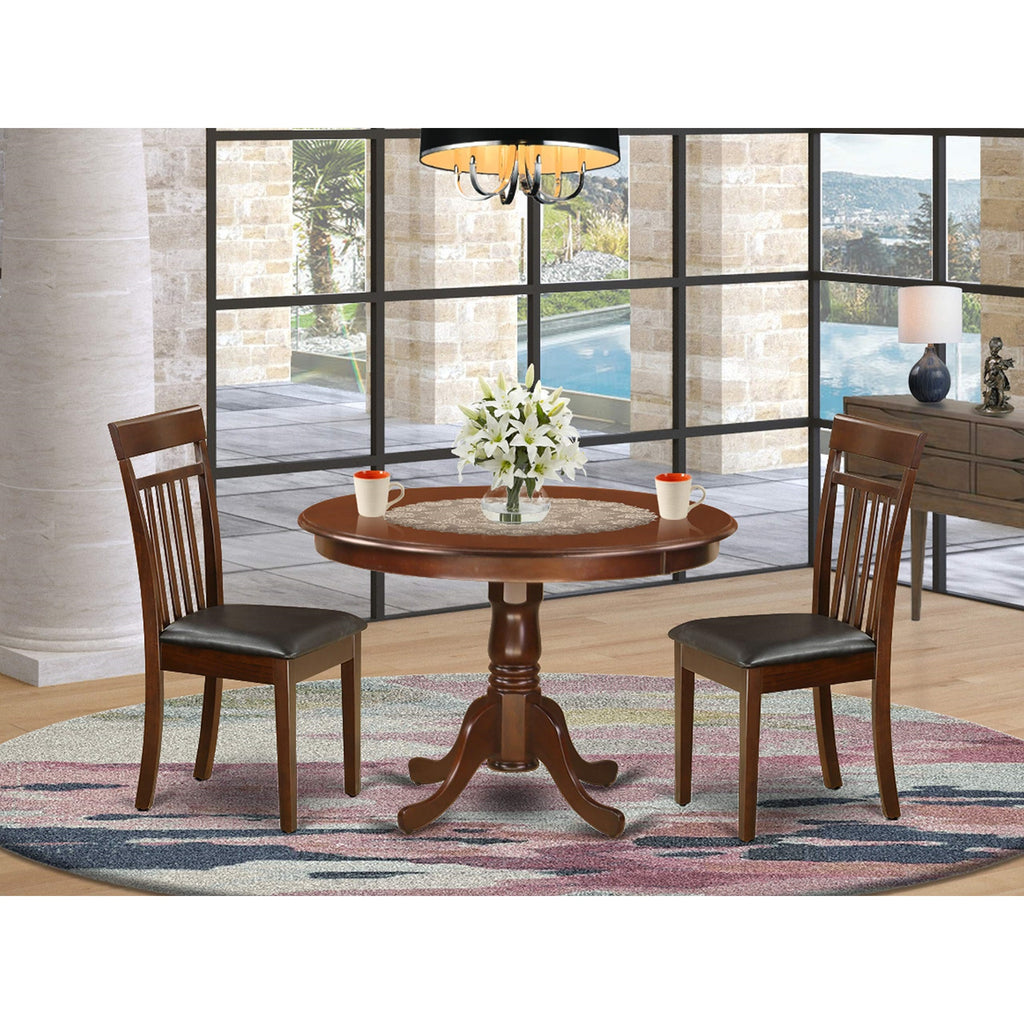 East West Furniture HLCA3-MAH-LC 3 Piece Kitchen Table Set for Small Spaces Contains a Round Dining Room Table with Pedestal and 2 Faux Leather Upholstered Chairs, 42x42 Inch, Mahogany