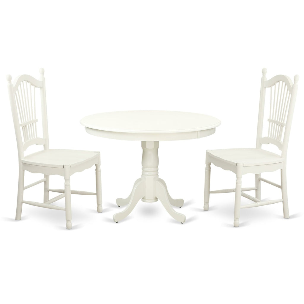 East West Furniture HLDO3-LWH-W 3 Piece Kitchen Table Set for Small Spaces Contains a Round Dining Room Table with Pedestal and 2 Dining Chairs, 42x42 Inch, Linen White
