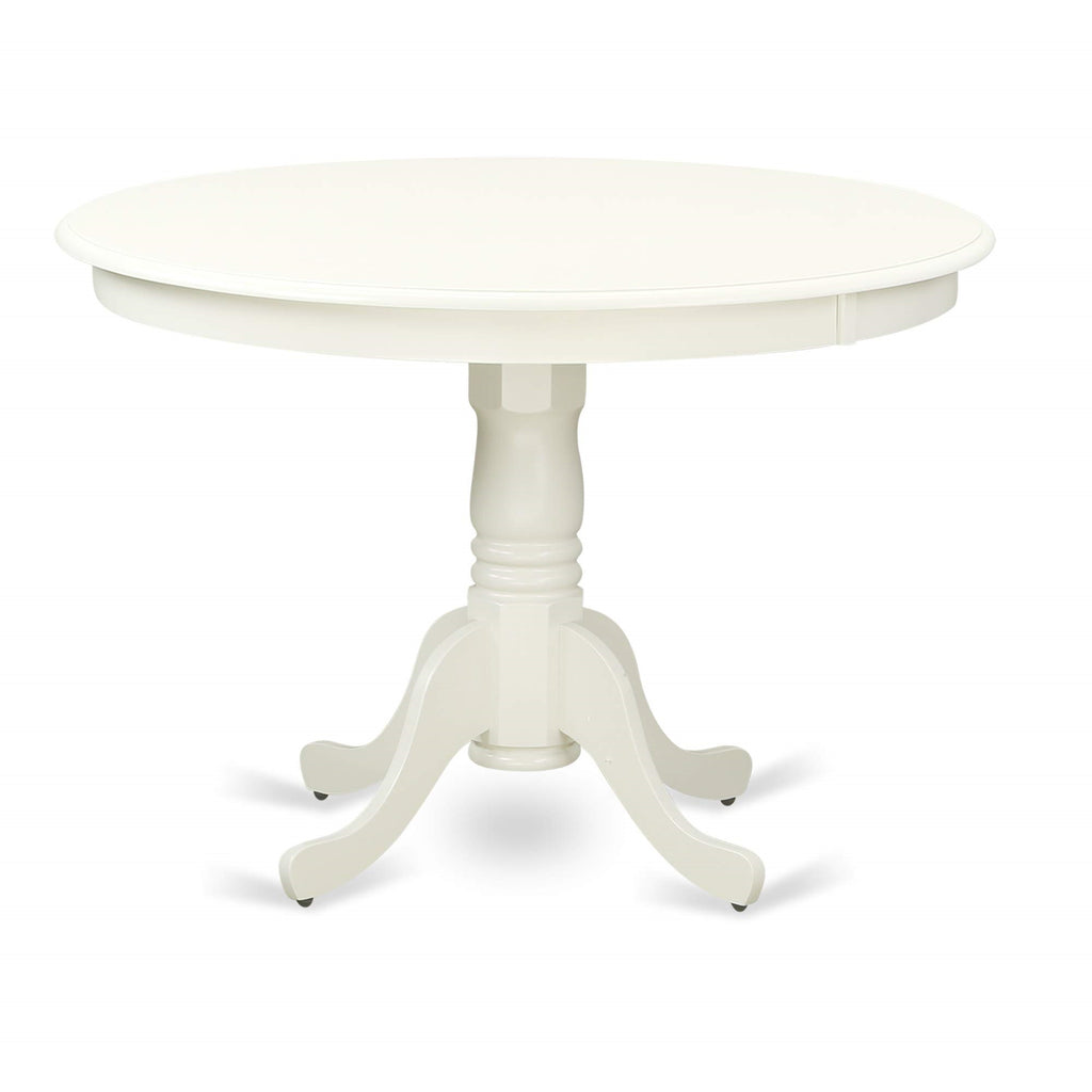 East West Furniture HLGR5-LWH-W 5 Piece Dining Room Furniture Set Includes a Round Dining Table with Pedestal and 4 Wood Seat Chairs, 42x42 Inch, Linen White