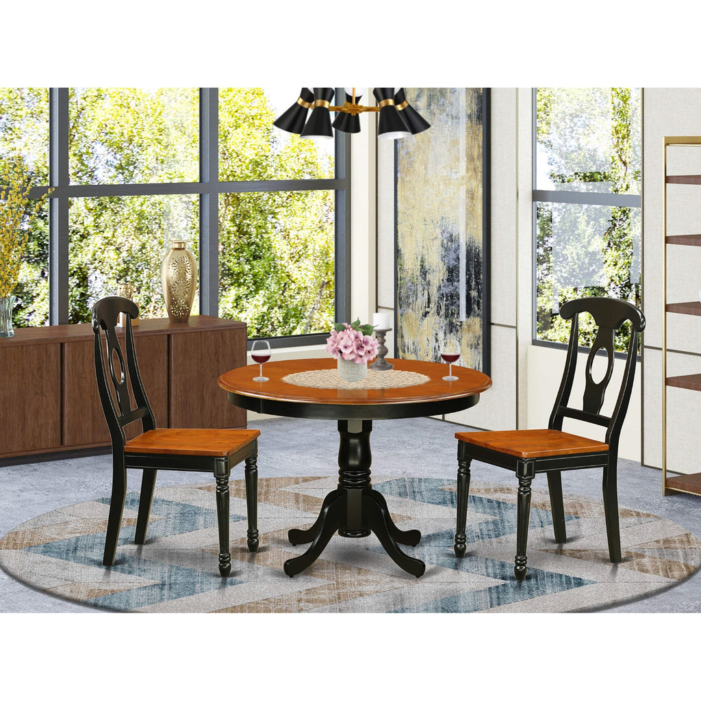 East West Furniture HLKE3-BCH-W 3 Piece Dining Room Furniture Set Contains a Round Dining Table with Pedestal and 2 Wood Seat Chairs, 42x42 Inch, Black & Cherry