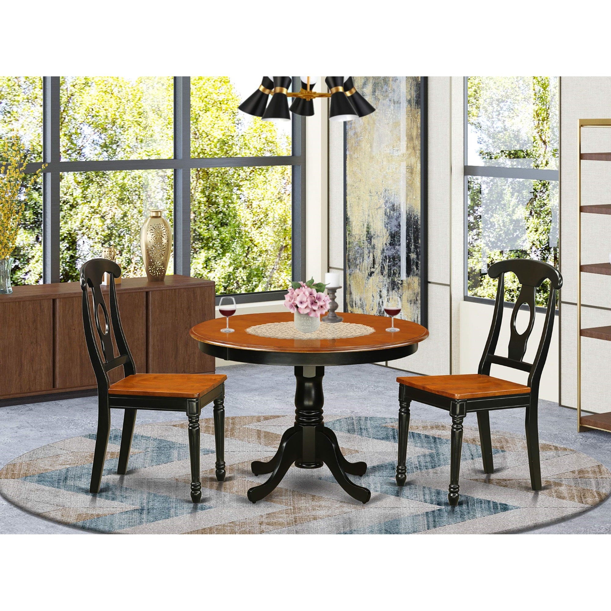 East West Furniture HLKE3-BCH-W 3 Piece Dining Room Furniture Set Contains a Round Dining Table with Pedestal and 2 Wood Seat Chairs, 42x42 Inch, Black & Cherry