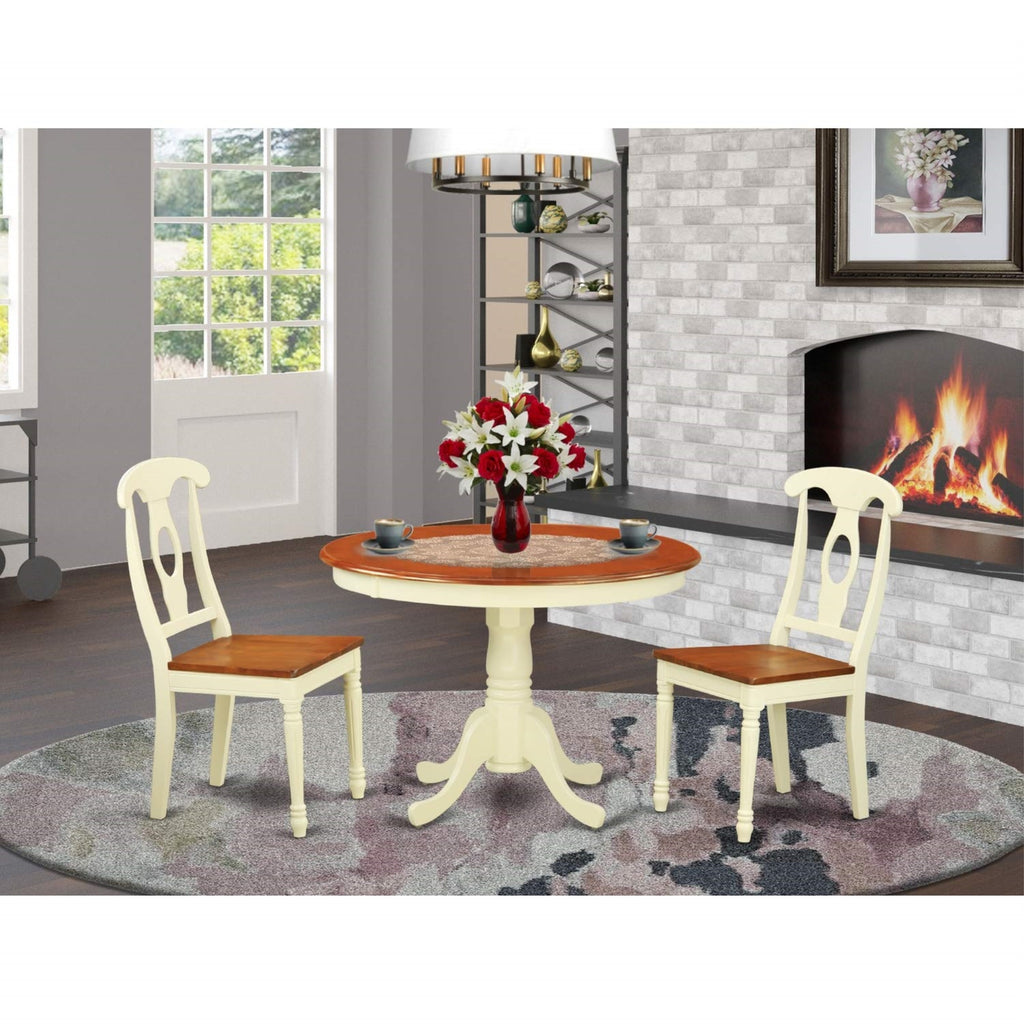 East West Furniture HLKE3-BMK-W 3 Piece Kitchen Table Set for Small Spaces Contains a Round Dining Room Table with Pedestal and 2 Solid Wood Seat Chairs, 42x42 Inch, Buttermilk & Cherry