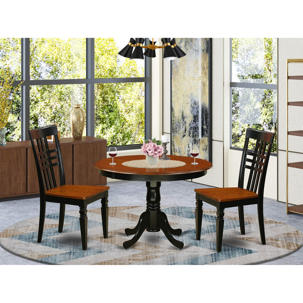 East West Furniture HLLG3-BCH-W 3 Piece Kitchen Table & Chairs Set Contains a Round Dining Room Table with Pedestal and 2 Solid Wood Seat Chairs, 42x42 Inch, Black & Cherry