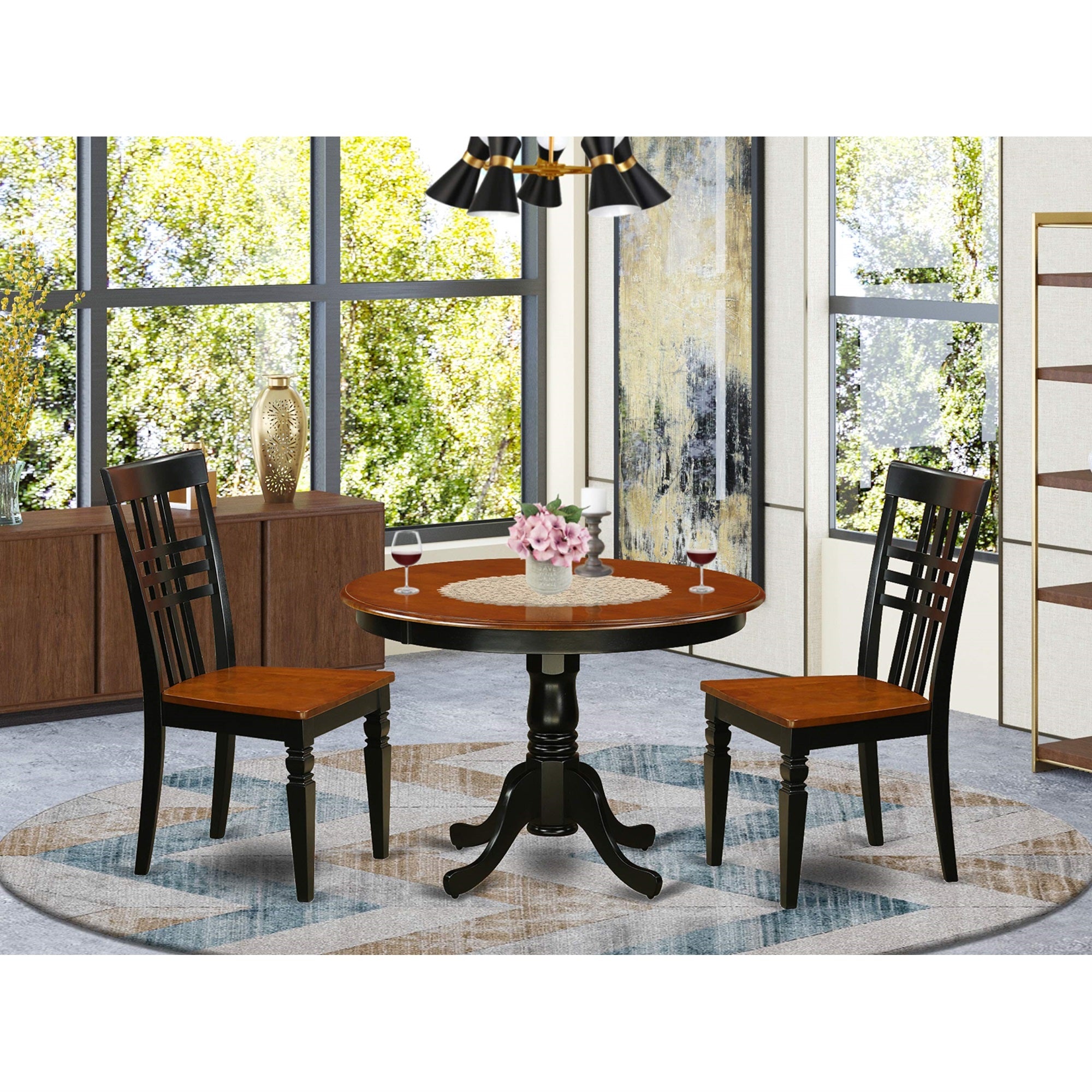 East West Furniture HLLG3-BCH-W 3 Piece Kitchen Table & Chairs Set Contains a Round Dining Room Table with Pedestal and 2 Solid Wood Seat Chairs, 42x42 Inch, Black & Cherry